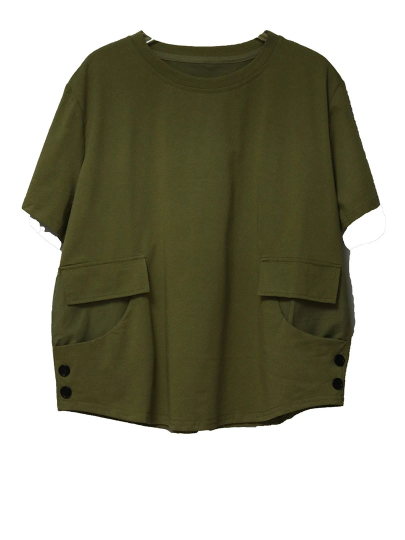 Women Black Pocket Button Big Size Casual T-shirt New Round Neck Short Sleeve Fashion Tide Spring Summer 2025 1DJ1616