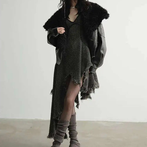 Load image into Gallery viewer, Women 25% Wool Irregular Tassels Burr Hem Vintage Dress New V-Neck Sleeveless Fashion Tide Autumn Winter 2025 1DH4036
