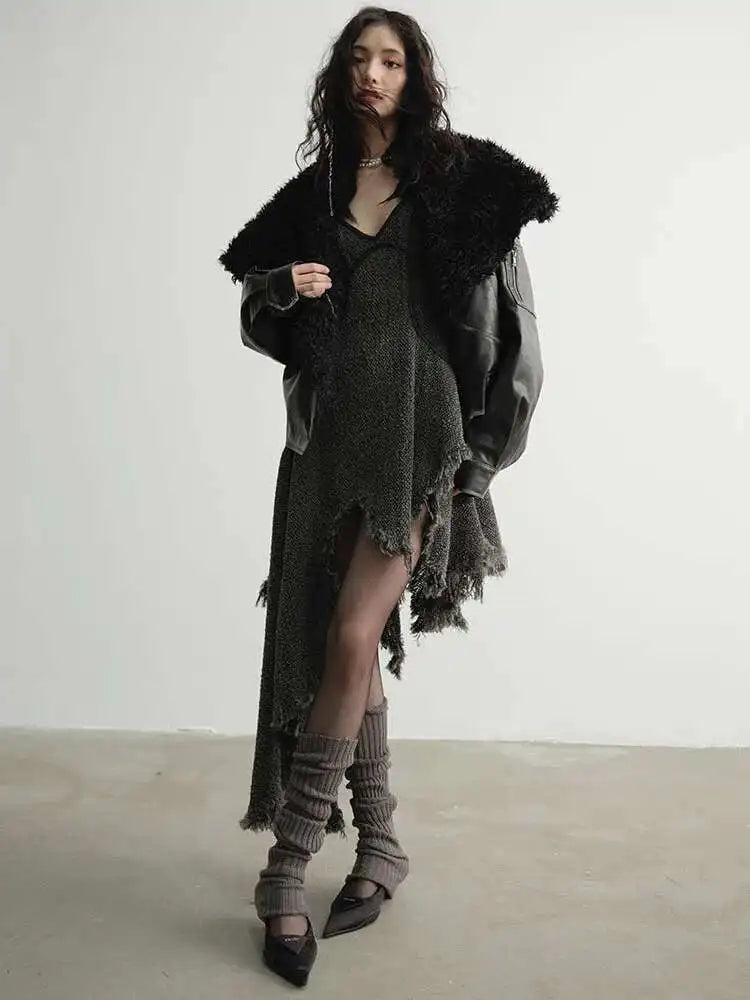 Women 25% Wool Irregular Tassels Burr Hem Vintage Dress New V-Neck Sleeveless Fashion Tide Autumn Winter 2025 1DH4036
