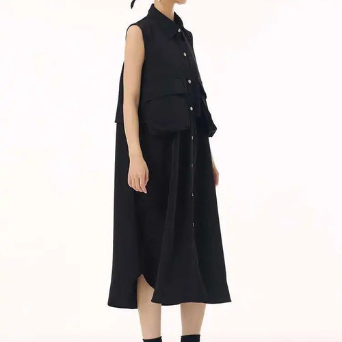 Load image into Gallery viewer, Women Black Shaped Pockets Big Size Midi Shirt Vest Dress New Lapel Sleeveless Fashion Tide Spring Autumn 2025 1DH9471
