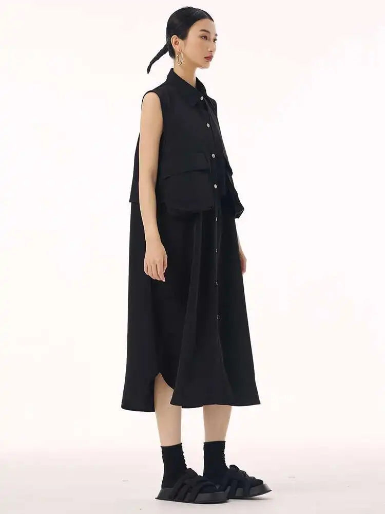 Women Black Shaped Pockets Big Size Midi Shirt Vest Dress New Lapel Sleeveless Fashion Tide Spring Autumn 2025 1DH9471