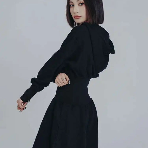 Load image into Gallery viewer, Women Black Big Size Elasitc Waist Mini Dress New Hooded Long Sleeve Loose Fit Fashion Tide Spring Autumn 2025 1DF0709
