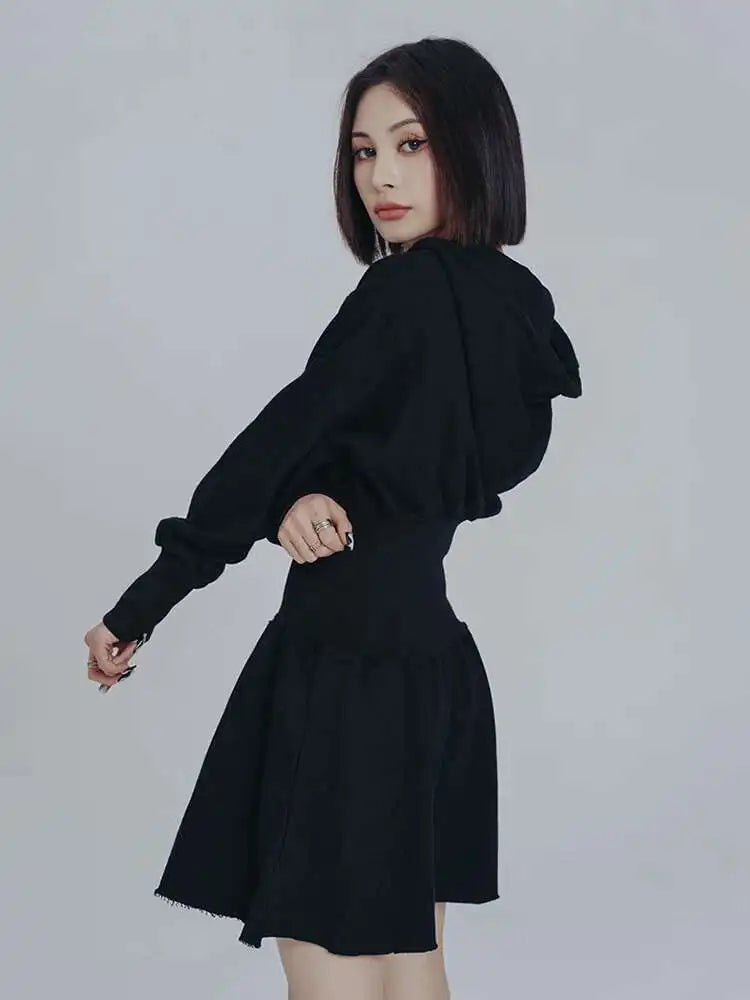 Women Black Big Size Elasitc Waist Mini Dress New Hooded Long Sleeve Loose Fit Fashion Tide Spring Autumn 2025 1DF0709