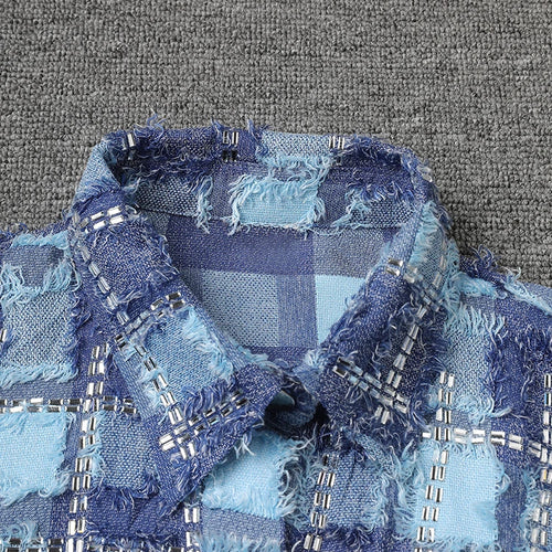 Load image into Gallery viewer, Women Blue Plaid Rhinestones Burr Big Size Blouse New Lapel Long Sleeve Shirt Fashion Tide Spring Autumn 2025 29L6766
