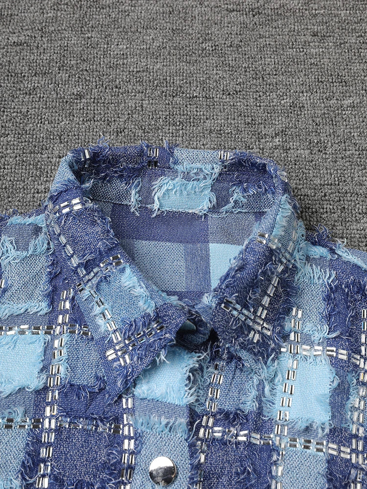Women Blue Plaid Rhinestones Burr Big Size Blouse New Lapel Long Sleeve Shirt Fashion Tide Spring Autumn 2025 29L6766