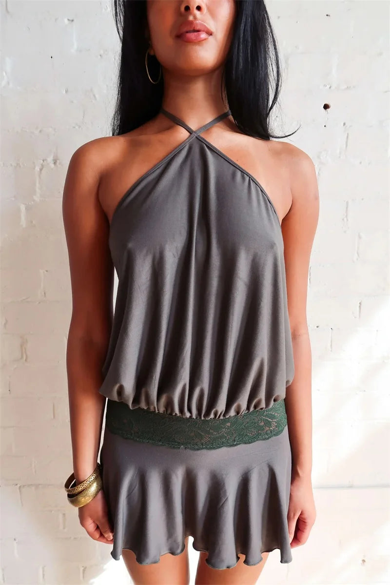 Halter Backless Sexy Mini Dress Women Robe Fashion Summer New Lace Patchwork Sleeveless Pleated Ruffled Club Dress