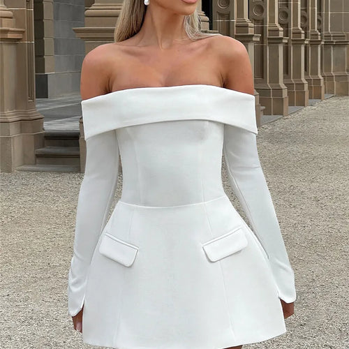Load image into Gallery viewer, Off-shoulder Long Sleeve Sexy Mini Dress For Women Two Pocket Strapless Backless A-line Club Party Sexy Dress Elegant
