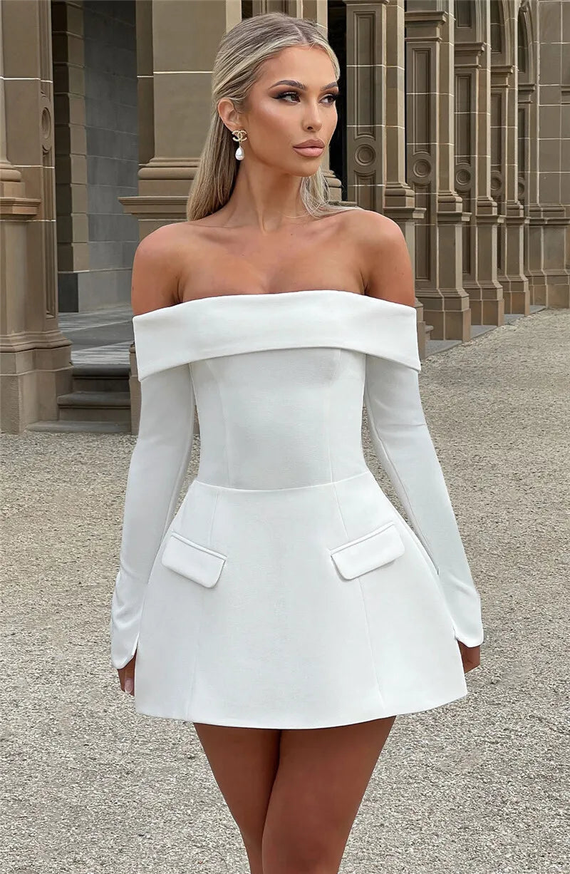 Off-shoulder Long Sleeve Sexy Mini Dress For Women Two Pocket Strapless Backless A-line Club Party Sexy Dress Elegant