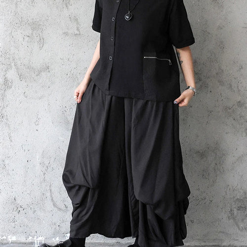 Load image into Gallery viewer, Women Black Zipper Pocket Irregular Big Size T-shirt New Round Neck Short Sleeve Fashion Tide Spring Summer 2025  1DJ0561
