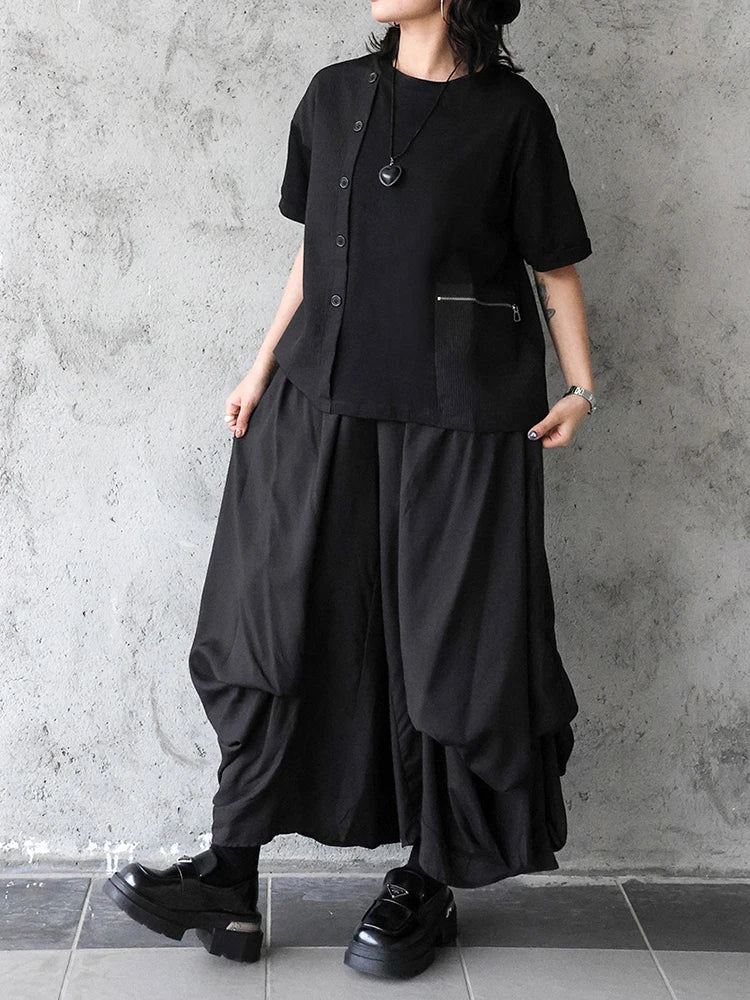 Women Black Zipper Pocket Irregular Big Size T-shirt New Round Neck Short Sleeve Fashion Tide Spring Summer 2025  1DJ0561