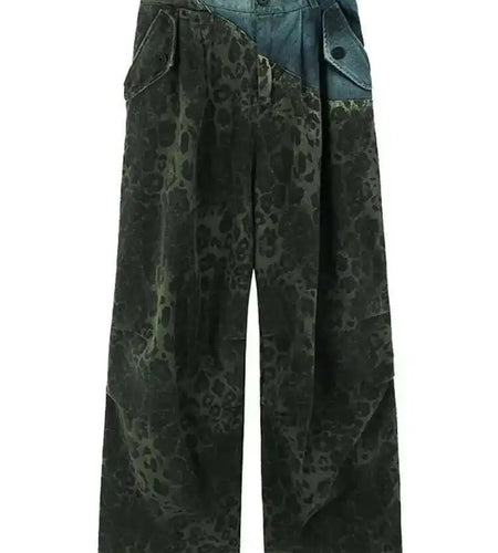 High Elastic Waist Green Leopard Print Denim Long Wide Leg Pants New Trousers Women Fashion Spring Autumn 2025 1DH6193