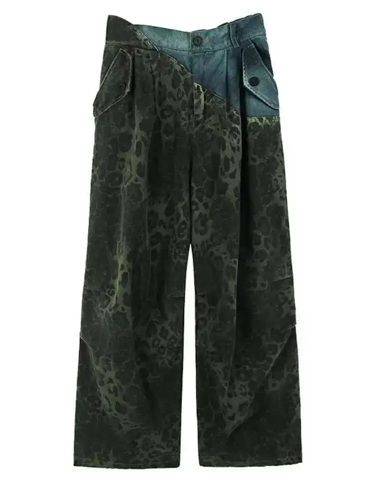 High Elastic Waist Green Leopard Print Denim Long Wide Leg Pants New Trousers Women Fashion Spring Autumn 2025 1DH6193
