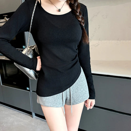 Load image into Gallery viewer, Women y2k Tops 2000s Aesthetic Clothes Solid Color Round Neck Long Sleeve Asymmetrical Hem Tee Shirts Casual Streetwear
