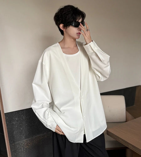 Men's Shirts New Fake Two Piece Design Shirt Long Sleeve Solid Color Single Breasted Male Loose Clothing Spring 9W1752