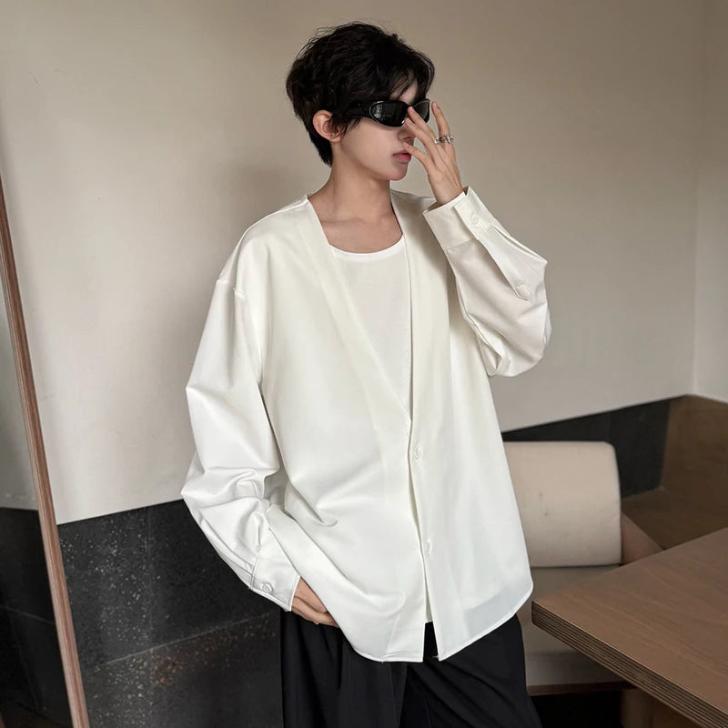 Men's Shirts New Fake Two Piece Design Shirt Long Sleeve Solid Color Single Breasted Male Loose Clothing Spring 9W1752