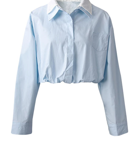Women Blue Color-block Short Big Size Bud Blouse New Lapel Long Sleeve Shirt Fashion Tide Spring Autumn 2025  CPG3010
