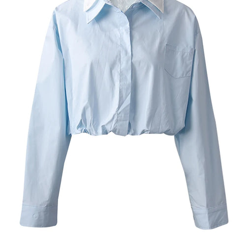 Load image into Gallery viewer, Women Blue Color-block Short Big Size Bud Blouse New Lapel Long Sleeve Shirt Fashion Tide Spring Autumn 2025  CPG3010
