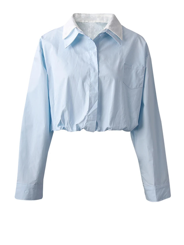 Women Blue Color-block Short Big Size Bud Blouse New Lapel Long Sleeve Shirt Fashion Tide Spring Autumn 2025  CPG3010