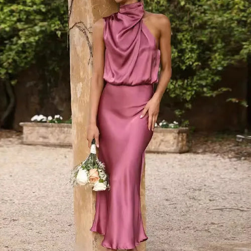 Load image into Gallery viewer, Elegant Sleeveless Satin Bodycon Dress Women 2024 Summer Irregular Hanging Neck Evening Dress Mid Dress Party Clubwear
