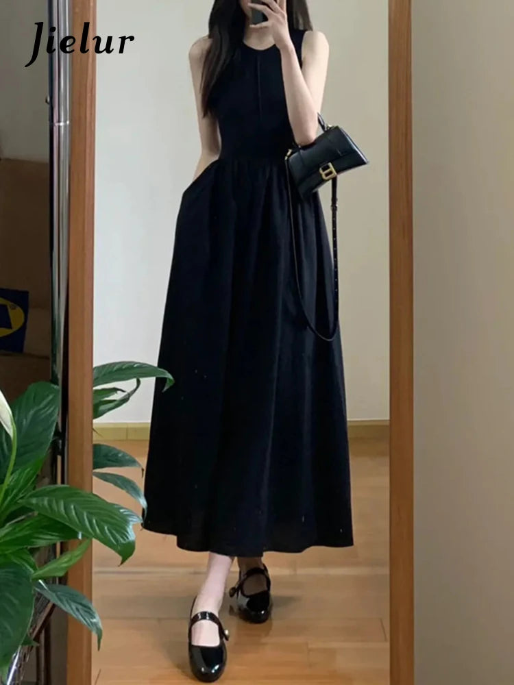 Chiffon Elegant Solid Color Dresses Spring Autumn Black Long Dress Women Fashion All-match Sleeveless Midi Dress Female