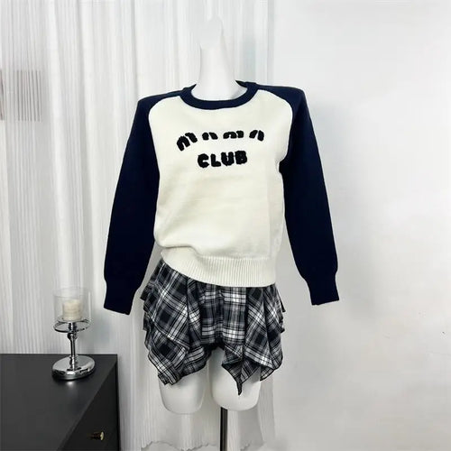 Load image into Gallery viewer, Autumn Winter Elegant Black White Colorblock Letter Embroidery Sweater Women Round Neck Long Sleeves Knit Pullover Top Versatile
