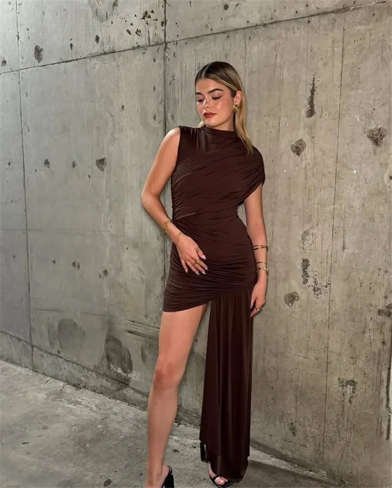 Irregular Draped Ruched Sexy Mini Dress For Women Elegant Turtleneck Sleeveless High Waist Pleated Club Party Dress