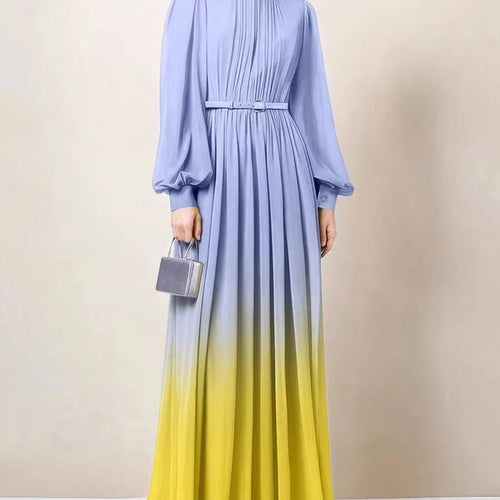 Load image into Gallery viewer, Hit Color Spliced Belt Elegant Dresses For Women O Neck Long Sleeve High Waist Casual Temperament Dress Female New
