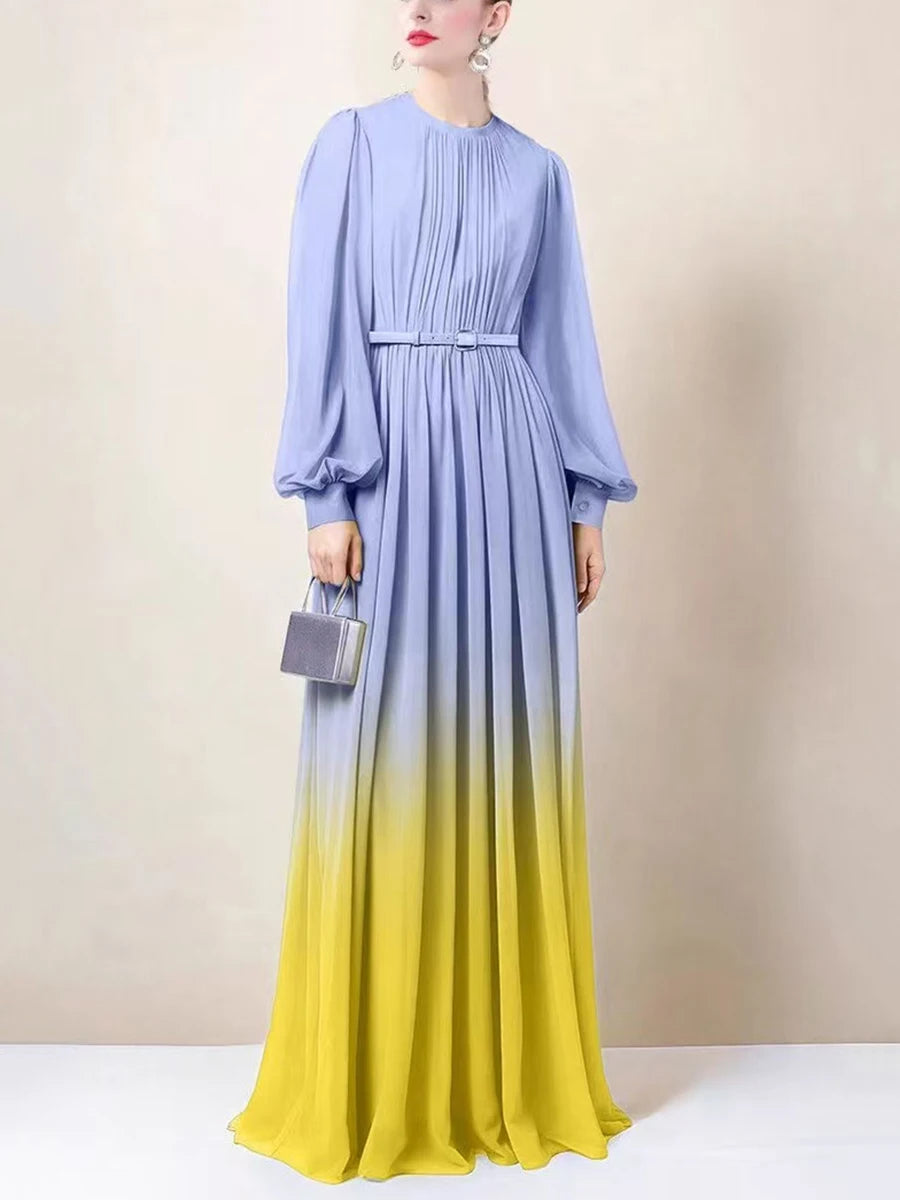 Hit Color Spliced Belt Elegant Dresses For Women O Neck Long Sleeve High Waist Casual Temperament Dress Female New