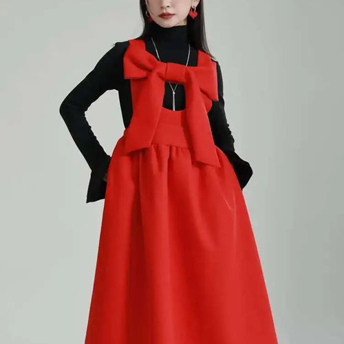 Load image into Gallery viewer, Women Gray Bow Bandage Spliced Long Elegant Woolen Dress New Sleeveless Loose Fit Fashion Tide Autumn Winter 2025 1DF3527
