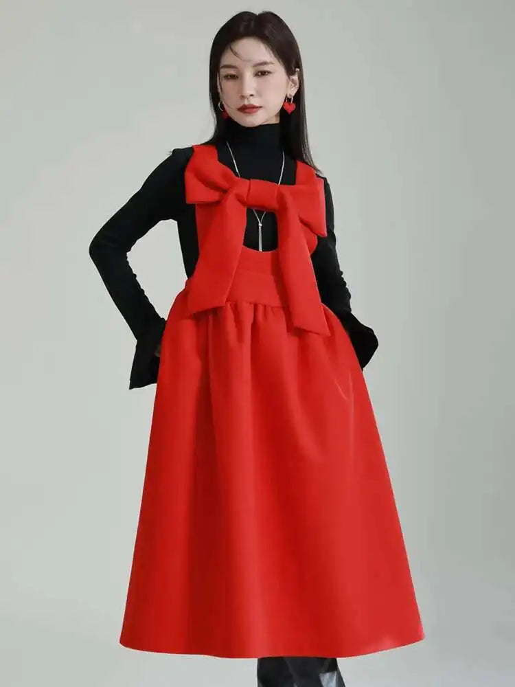Women Gray Bow Bandage Spliced Long Elegant Woolen Dress New Sleeveless Loose Fit Fashion Tide Autumn Winter 2025 1DF3527