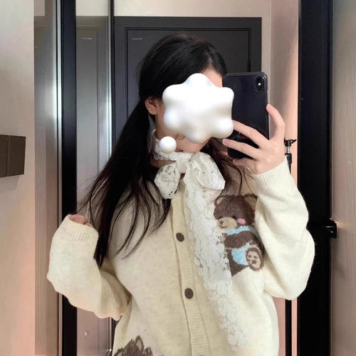Load image into Gallery viewer, Preppy Style Kawaii Cute Casual Cardigans Y2k Aesthetic Women Knitted Cartoon Jacquard Tops Harajuku Single Breasted Loose Coats
