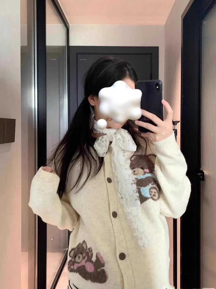 Preppy Style Kawaii Cute Casual Cardigans Y2k Aesthetic Women Knitted Cartoon Jacquard Tops Harajuku Single Breasted Loose Coats