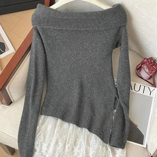 Load image into Gallery viewer, French Autumn Winter Patchwork Lace Elegant Pullover Short Sweater Women's Vintage 2024 New Office Lady Long Sleeved Knitted Top
