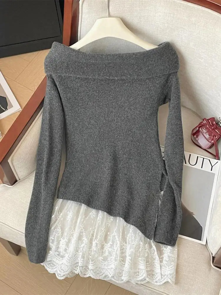 French Autumn Winter Patchwork Lace Elegant Pullover Short Sweater Women's Vintage 2024 New Office Lady Long Sleeved Knitted Top