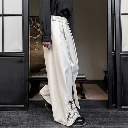 Load image into Gallery viewer, Lace-up Male Wide Leg Pants Casual Pleated Embroidery Men&#39;s Straight Trousers Chinese Style Fashion Spring 9C4105
