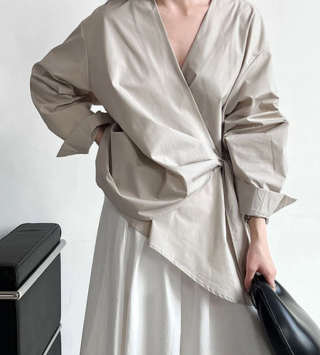 Women Black Bandage Elegant Irregular Big Size Blouse New V-neck Long Sleeve Shirt Fashion Tide Spring Autumn 2025 1DJ0509