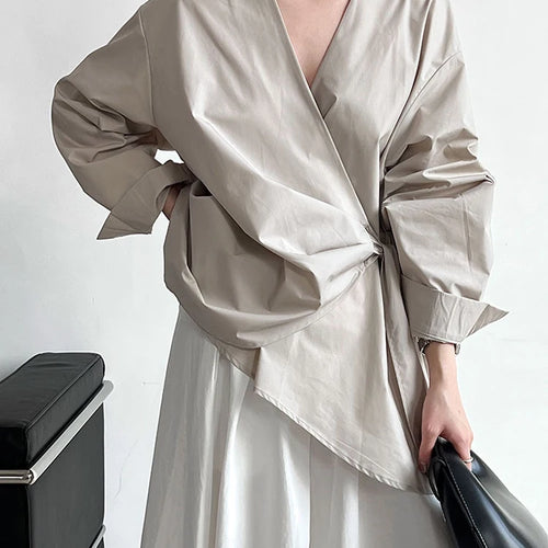 Load image into Gallery viewer, Women Black Bandage Elegant Irregular Big Size Blouse New V-neck Long Sleeve Shirt Fashion Tide Spring Autumn 2025 1DJ0509
