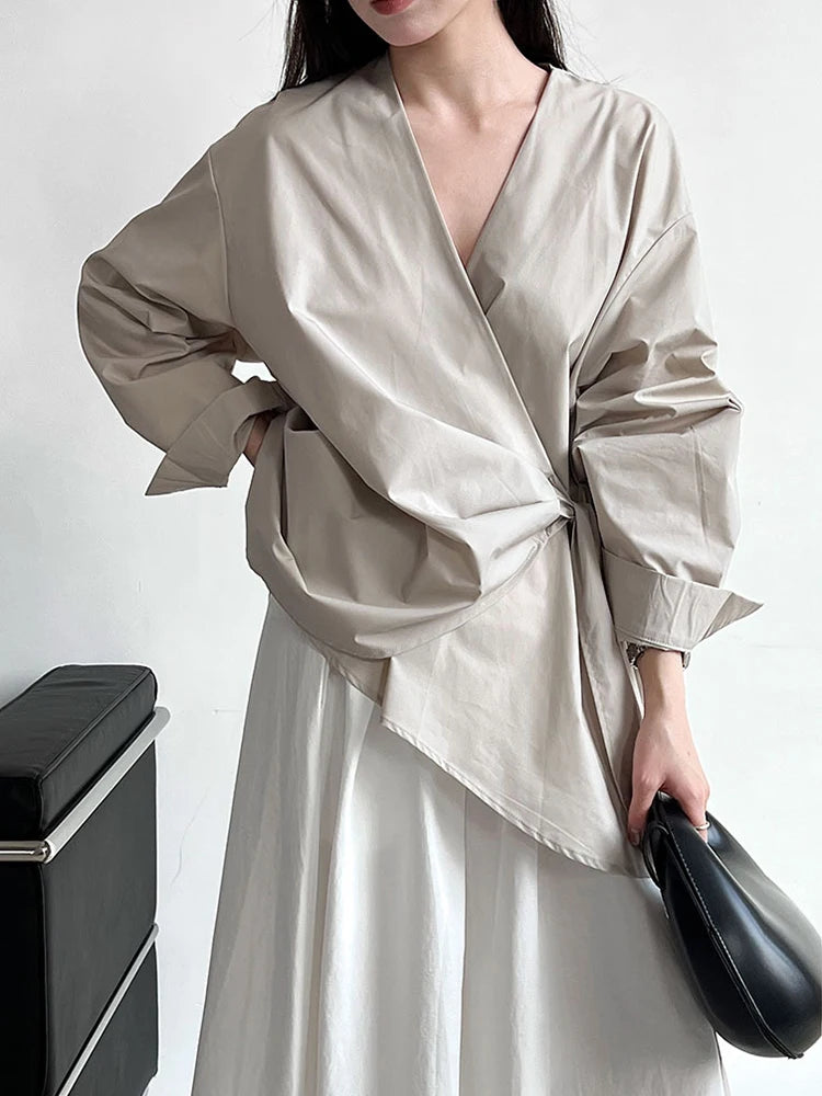 Women Black Bandage Elegant Irregular Big Size Blouse New V-neck Long Sleeve Shirt Fashion Tide Spring Autumn 2025 1DJ0509