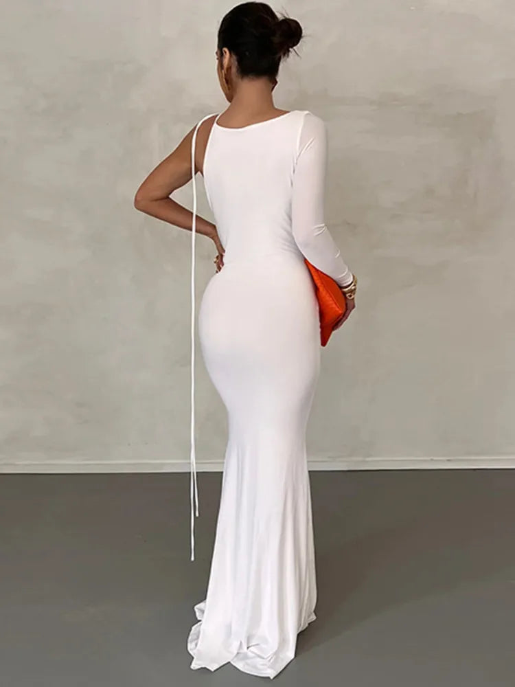 Elegant Backless Sexy Maxi Dress For Women Robe 2023 Spring New V Neck One Sleeve Lace-up Party Long Dress Vestido