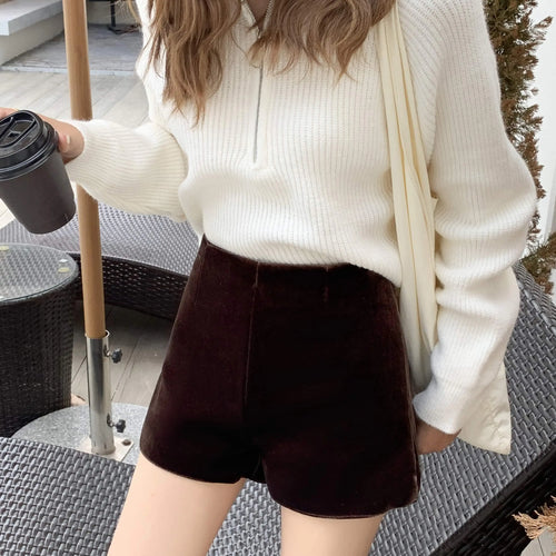 Load image into Gallery viewer, Korean Fashion Women Black High Waist Velvet Shorts Autumn And Winter Chic Lady Casual Brown Short Pant Simplicity Trend Popular
