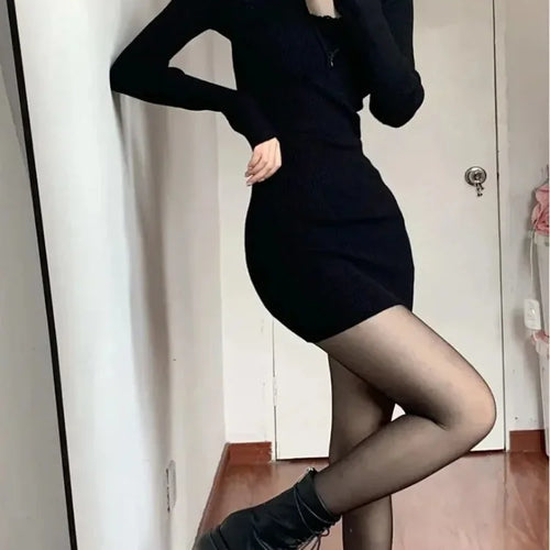Load image into Gallery viewer, Black Bodycon Knitted Dress Women Sexy Wrap Slim Short Dresses Autumn Fall Solid Outfits Robes Femlae

