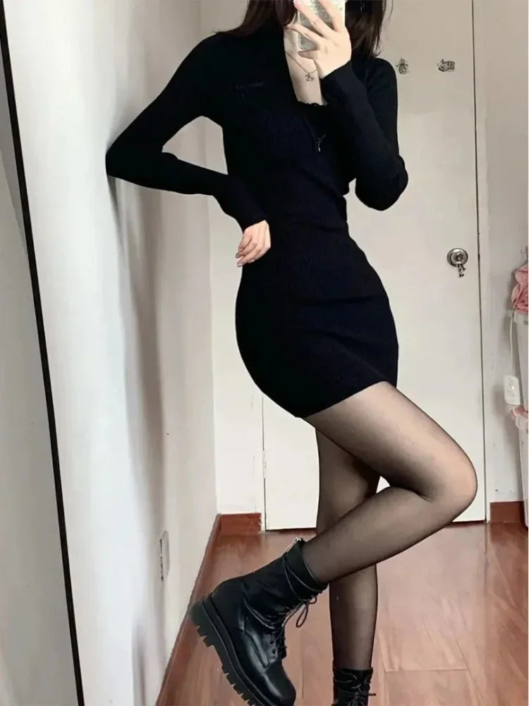 Black Bodycon Knitted Dress Women Sexy Wrap Slim Short Dresses Autumn Fall Solid Outfits Robes Femlae
