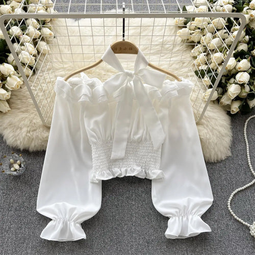 Load image into Gallery viewer, Women Sweet Sexy Club Bow Halter Blouse Off Shoulder Long Sleeve Solid Pleated Shirt Long Sleeve Short Ruffle Tops Spring Autumn
