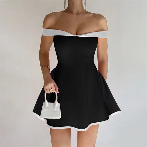Load image into Gallery viewer, Off-shoulder Strapless Sexy Mini Dress Women Fashion Patchwork Sleeveless Backless High Waist A-line Club Party Dress
