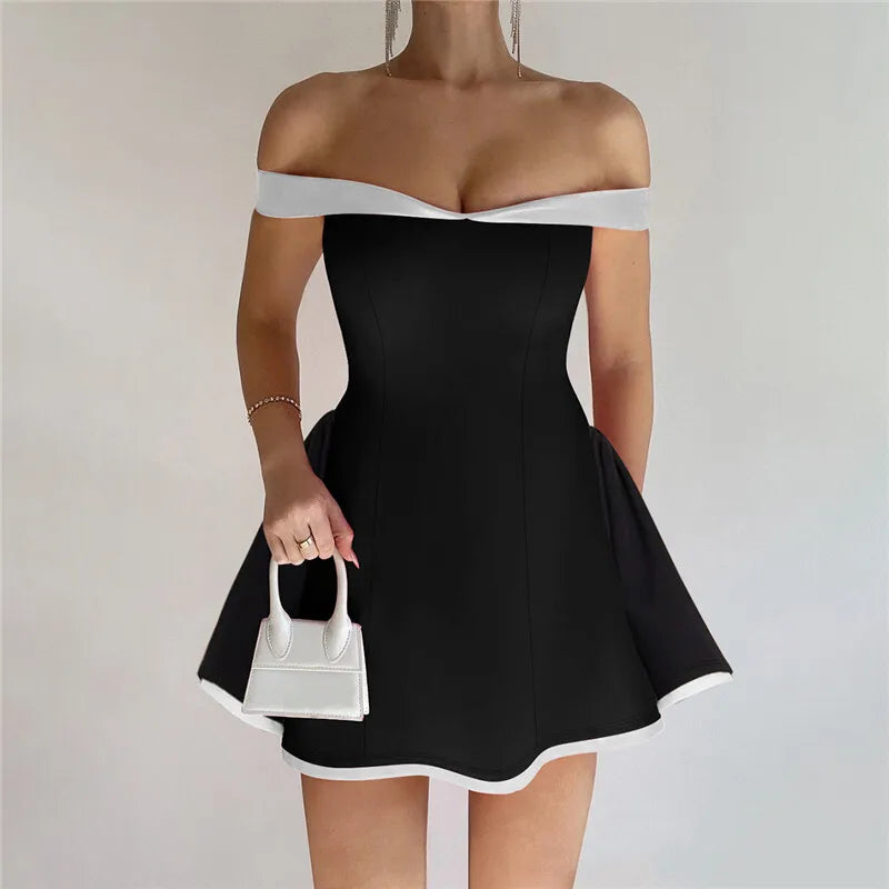 Off-shoulder Strapless Sexy Mini Dress Women Fashion Patchwork Sleeveless Backless High Waist A-line Club Party Dress