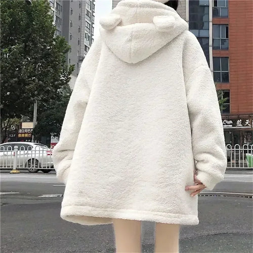 Load image into Gallery viewer, New Winter Fashion Loose Cartoon Jacket Y2k Aesthetic All Match Lamb Wool Women Hooded Coat Thicken Warm Vintage Casual Bow Tops
