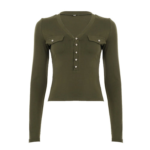 Load image into Gallery viewer, Mall Goth Top y2k Women Solid Color V Neck Upper Button Down Long Sleeve T Shirts with Fake Pockets 2000s Streetwear
