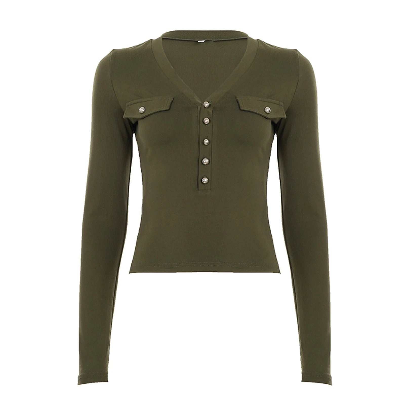 Mall Goth Top y2k Women Solid Color V Neck Upper Button Down Long Sleeve T Shirts with Fake Pockets 2000s Streetwear