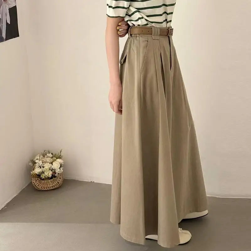 Spring Summer Korean Fashion Solid Elegant Sexy Pleated Long Skirt Women High Waist Festival Versatile Slim Skirts 2025 Casual