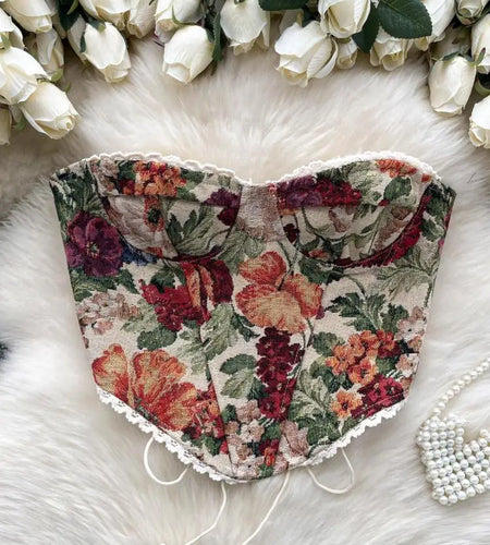 French Retro Summer Elegant Print Sexy Club Strapless Lace-up Short Tops Women Backless Fashion Irregular Bohemian Clothes Trend